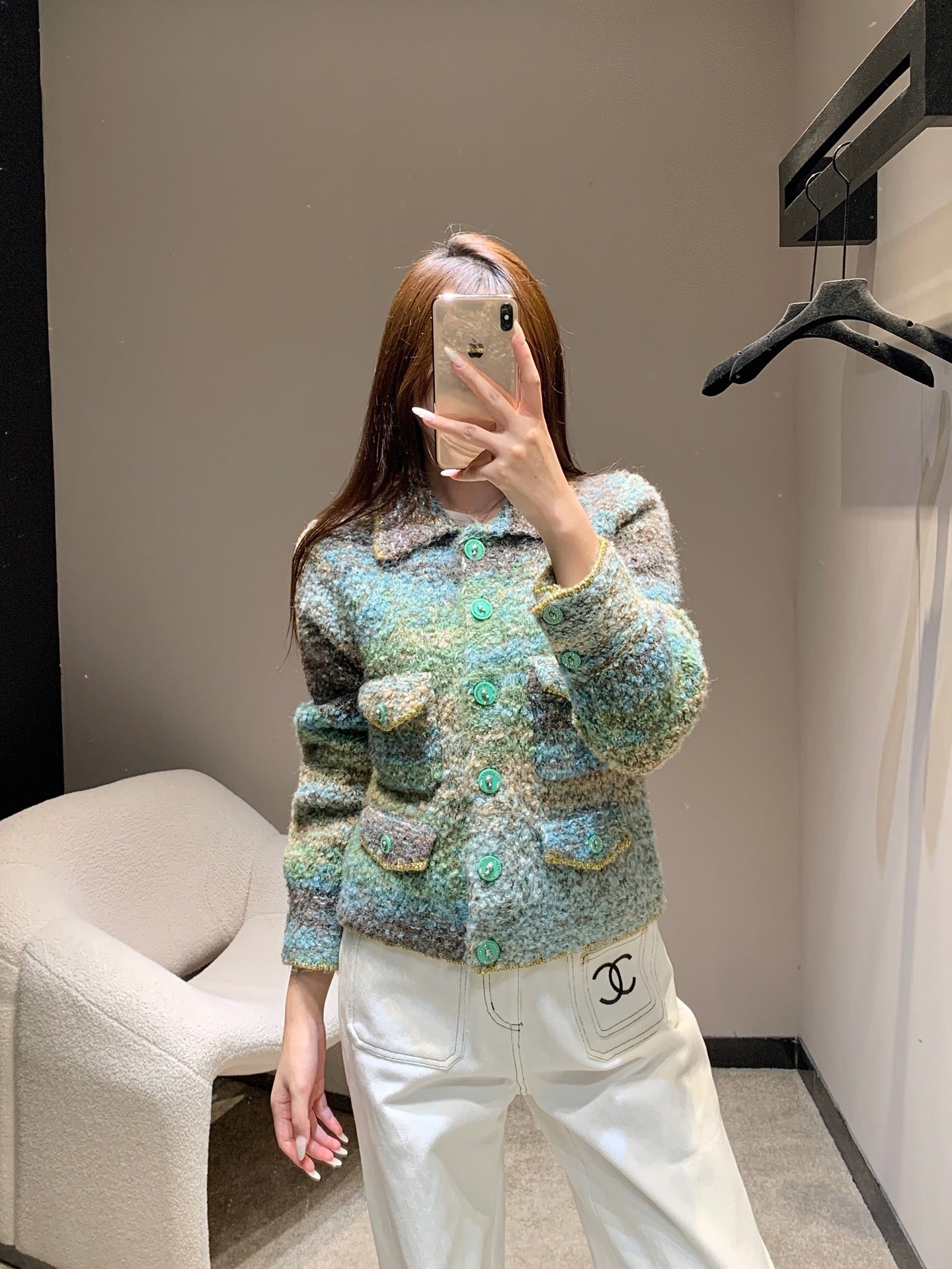 C 25K Light Green Cashmere Cardigan High-end Handicraft Series
