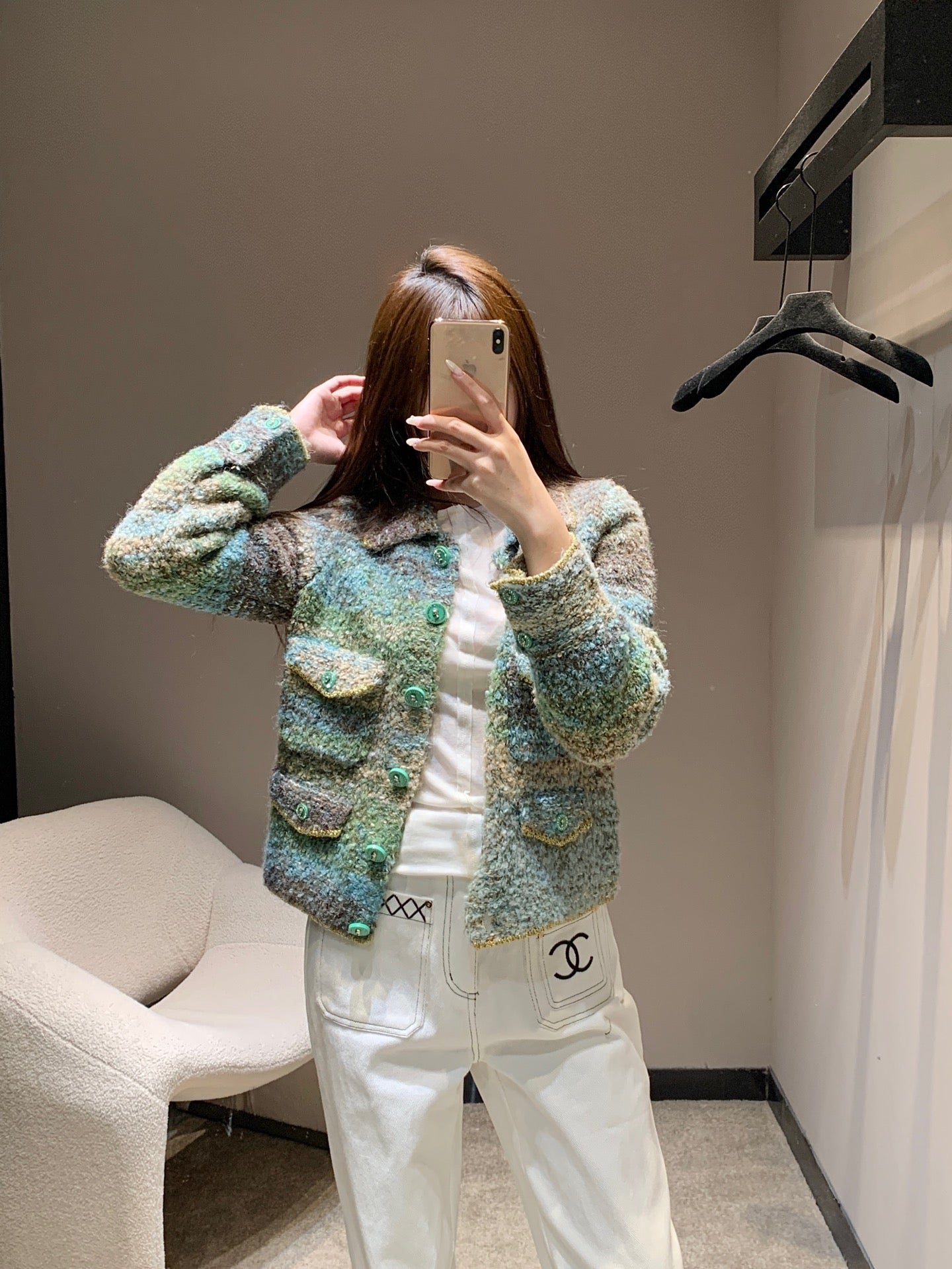 C 25K Light Green Cashmere Cardigan High-end Handicraft Series