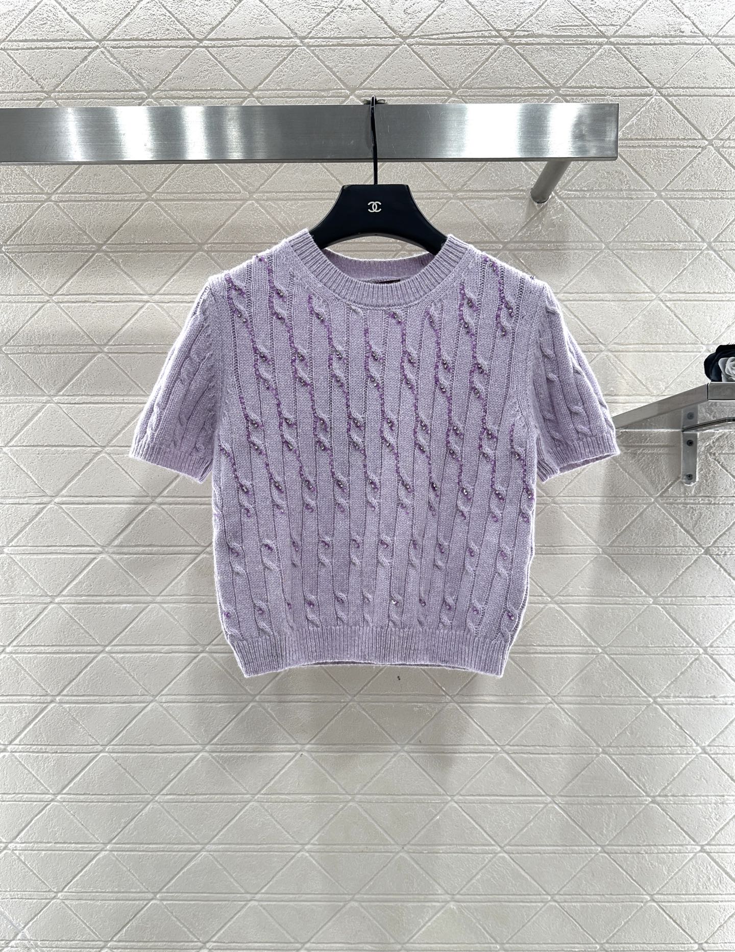 Gu 25 Cable Knit Rhinestone Short Sleeves