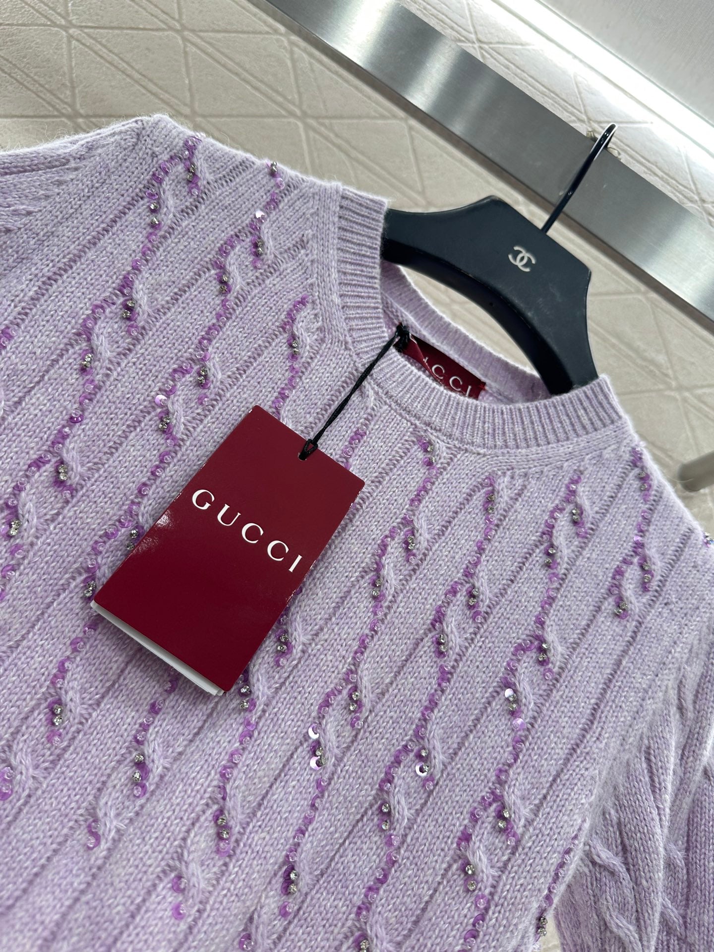 Gu 25 Cable Knit Rhinestone Short Sleeves