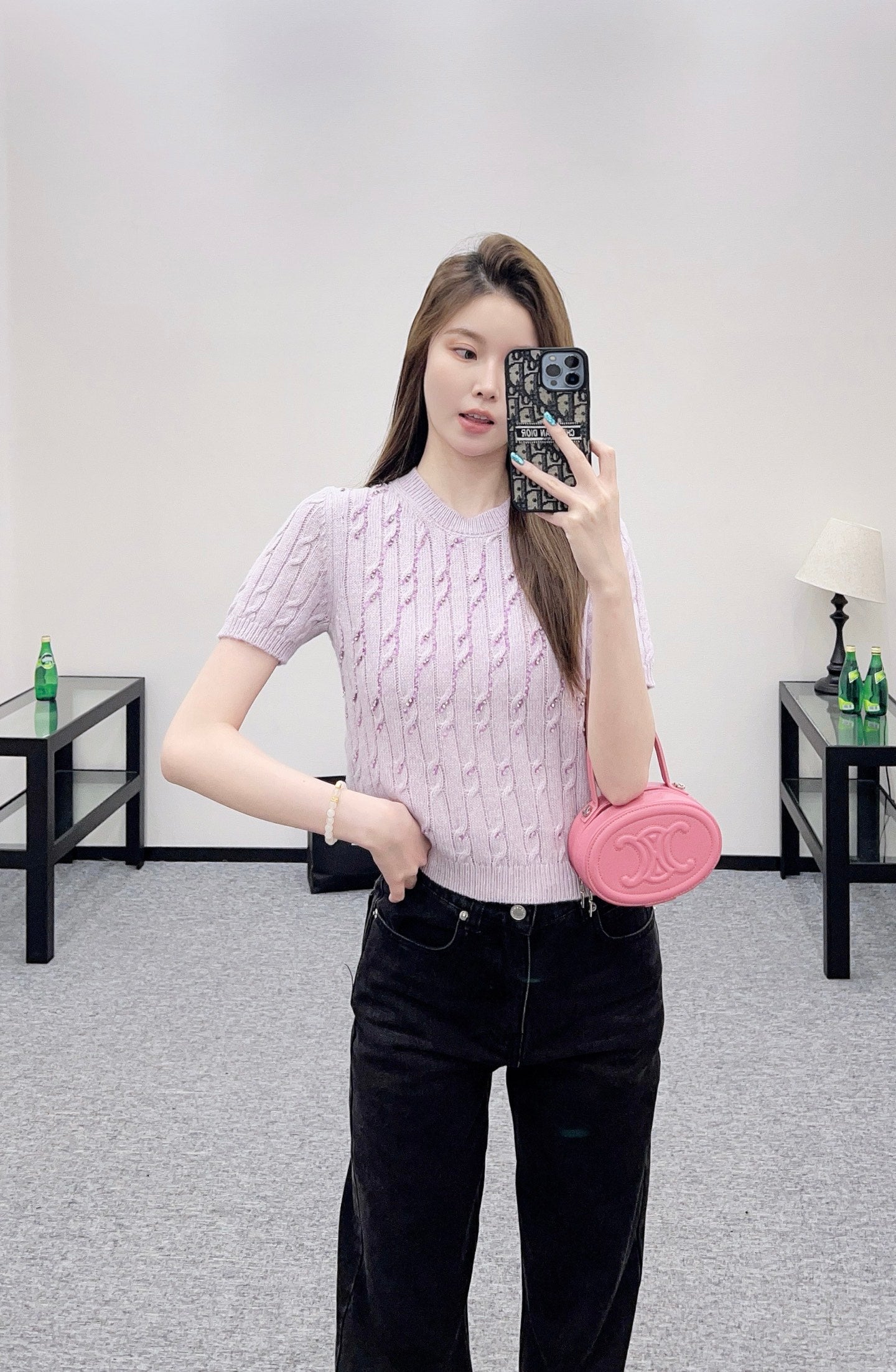 Gu 25 Cable Knit Rhinestone Short Sleeves