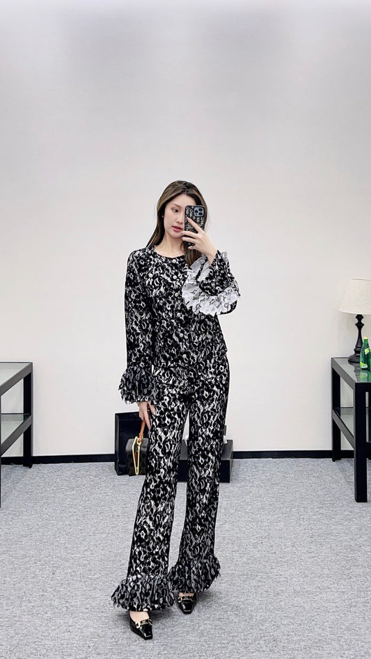 C 25 Lace Flared Lace Jacket + Pants Set