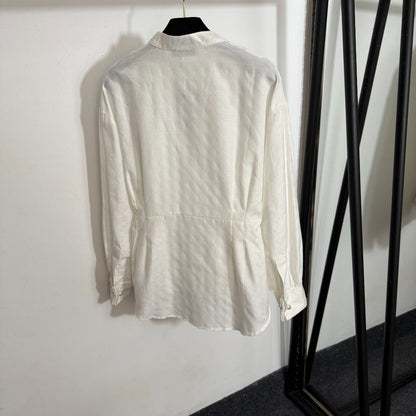 25 Summer New Temperament Commuter Bee Embroidery Tie Waist Long Sleeve Shirt Top