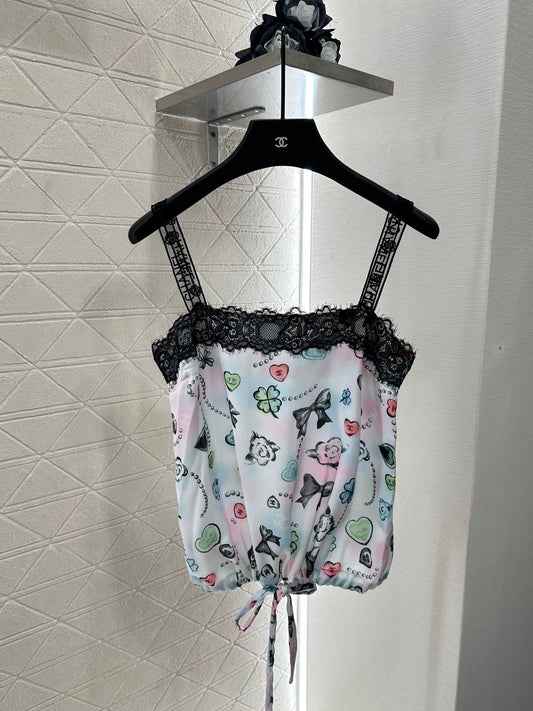 C 25 Reactive Print Lace Tank Top and Shorts Set