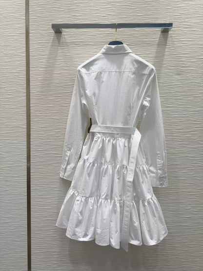 L 25 New Belted Single Breasted Lapel Long Sleeve Dress (Black & White)
