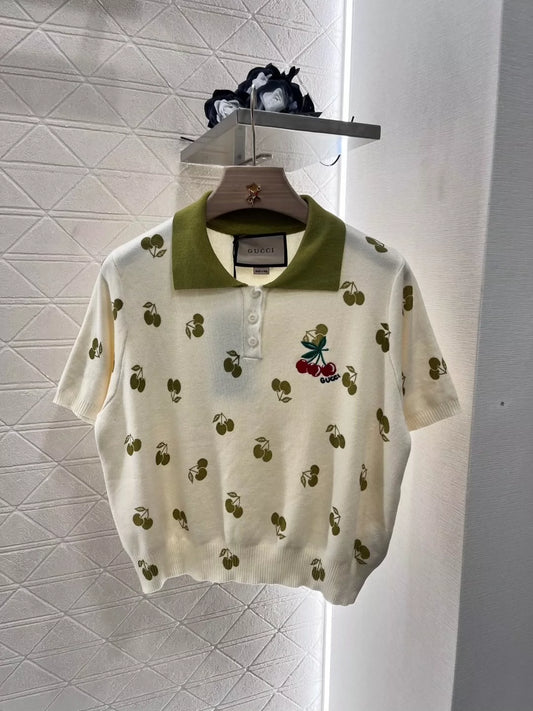 G Spring/Summer 25 New Cherry Logo Knit Short Sleeve Top