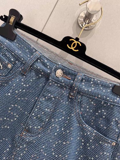 Nouvelle jupe mi-longue en denim à paillettes résistantes printemps/été 