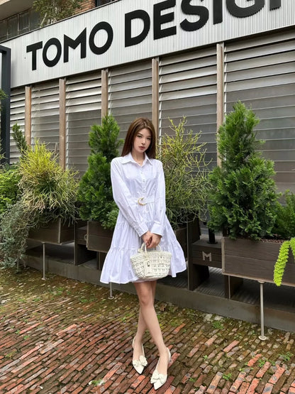 L 25 New Belted Single Breasted Lapel Long Sleeve Dress (Black & White)