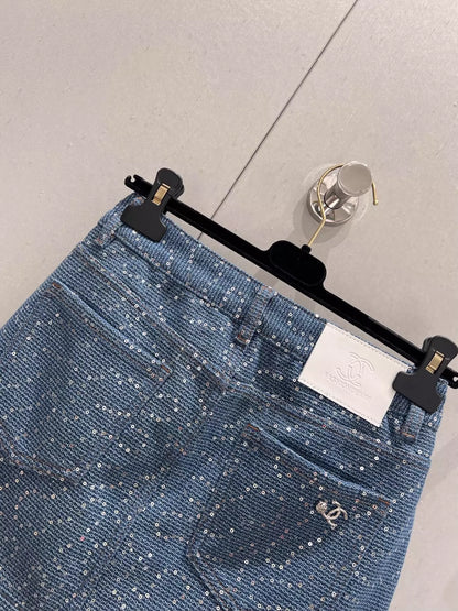 Nouvelle jupe mi-longue en denim à paillettes résistantes printemps/été 