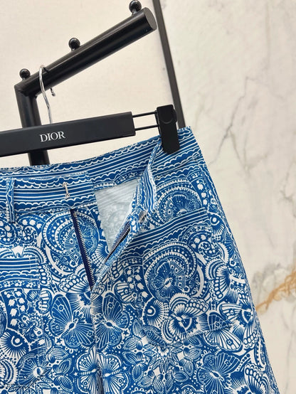 D 25 Neue Celadon Butterfly Print Denim Kollektion Lange Hosen 