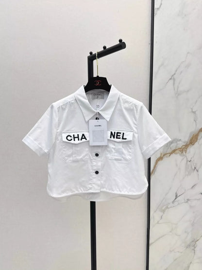 C 25 Spring/Summer New Pocket Flap Embroidery Letter Decoration Small Short Shirt