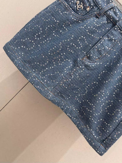 Nouvelle jupe mi-longue en denim à paillettes résistantes printemps/été 