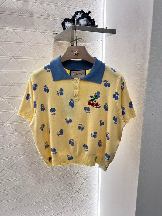 G Spring/Summer 25 New Cherry Logo Knit Short Sleeve Top