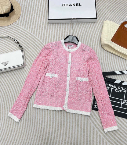 C 24 spring and summer new hollowed out logo buttons knit cardigan