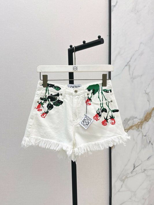LO 25 Frühling/Sommer Neue Resort-Kollektion – Weiße Jeansshorts mit Rosenmuster 