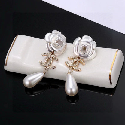 25 Summer new double C camellia pearl with diamond earrings