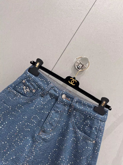 Nouvelle jupe mi-longue en denim à paillettes résistantes printemps/été 