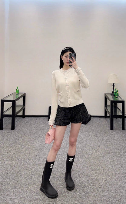 C Spring/Summer 25 New lace knit cardigan(white black)