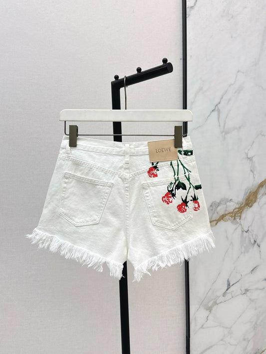 LO 25 Frühling/Sommer Neue Resort-Kollektion – Weiße Jeansshorts mit Rosenmuster 