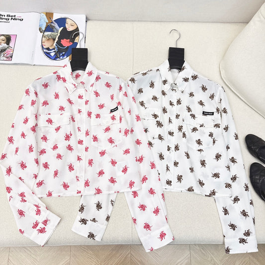 M 25Ss Early Fall New Pastoral Holiday Style Little Red Flower Short Shirt