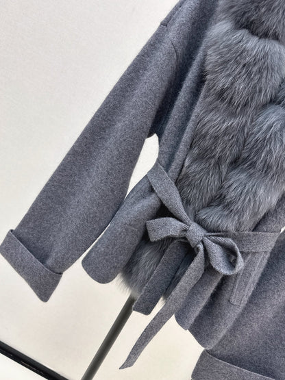 Fen 25 New Fox Fur Trimmed Knitted Jacket(BROWN/WHITE/GRAY)
