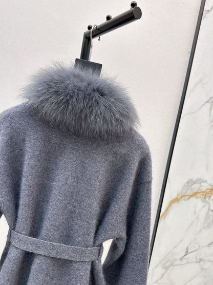 Fen 25 New Fox Fur Trimmed Knitted Jacket(BROWN/WHITE/GRAY)