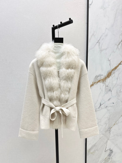 Fen 25 New Fox Fur Trimmed Knitted Jacket(BROWN/WHITE/GRAY)