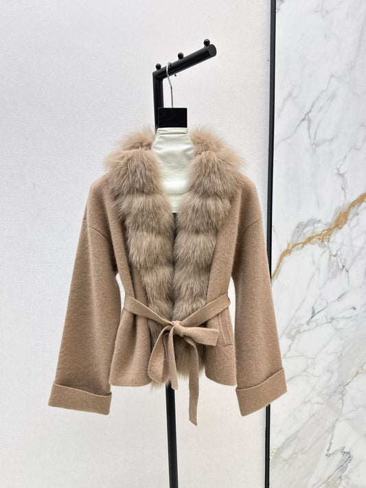 Fen 25 New Fox Fur Trimmed Knitted Jacket(BROWN/WHITE/GRAY)