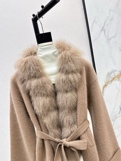 Fen 25 New Fox Fur Trimmed Knitted Jacket(BROWN/WHITE/GRAY)
