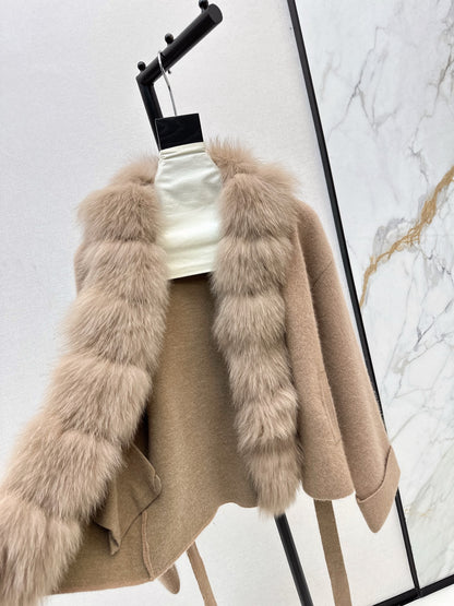 Fen 25 New Fox Fur Trimmed Knitted Jacket(BROWN/WHITE/GRAY)