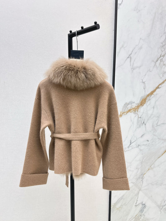 Fen 25 New Fox Fur Trimmed Knitted Jacket(BROWN/WHITE/GRAY)