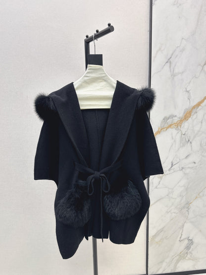 Fen 25 fox fur trim cape coat(BROWN/WHITE/BLACK)