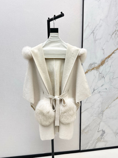 Fen 25 fox fur trim cape coat(BROWN/WHITE/BLACK)