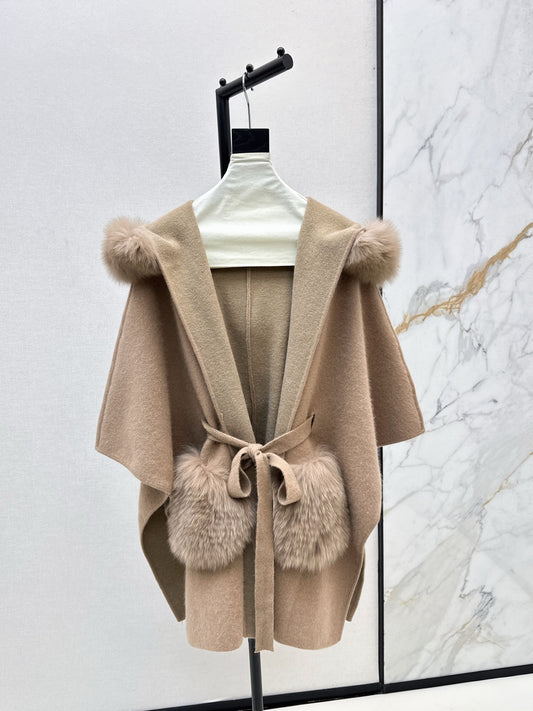 Fen 25 fox fur trim cape coat(BROWN/WHITE/BLACK)