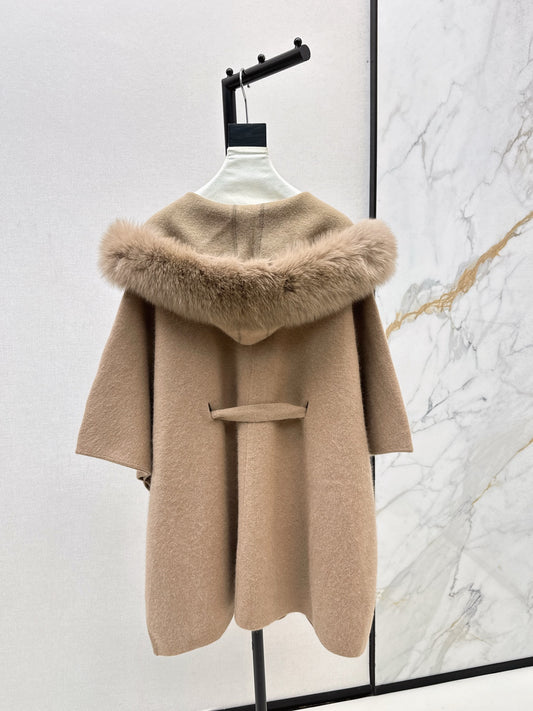Fen 25 fox fur trim cape coat(BROWN/WHITE/BLACK)