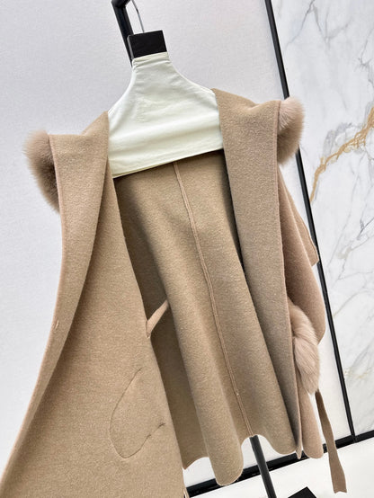 Fen 25 fox fur trim cape coat(BROWN/WHITE/BLACK)