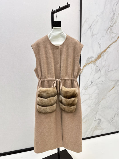 Fen 25 Rex rabbit fur collar pocket long vest coat（BEIGI/BROWN）