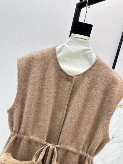Fen 25 Rex rabbit fur collar pocket long vest coat（BEIGI/BROWN）