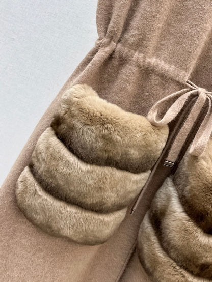 Fen 25 Rex rabbit fur collar pocket long vest coat（BEIGI/BROWN）