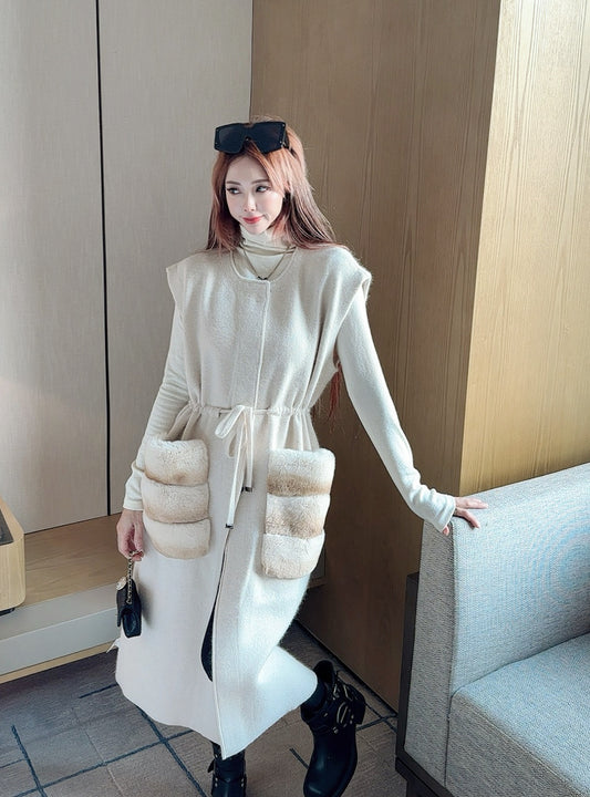 Fen 25 Rex rabbit fur collar pocket long vest coat（BEIGI/BROWN）