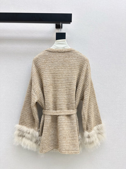 Fen 25 fox fur collar v-neck coat（BEIGI/BROWN）