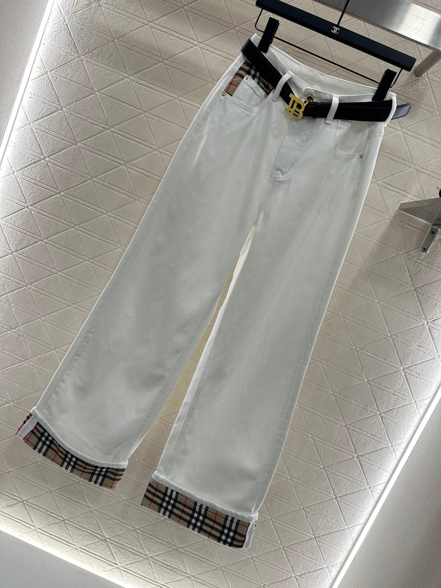 Bur 25 Plaid belt denim trousers