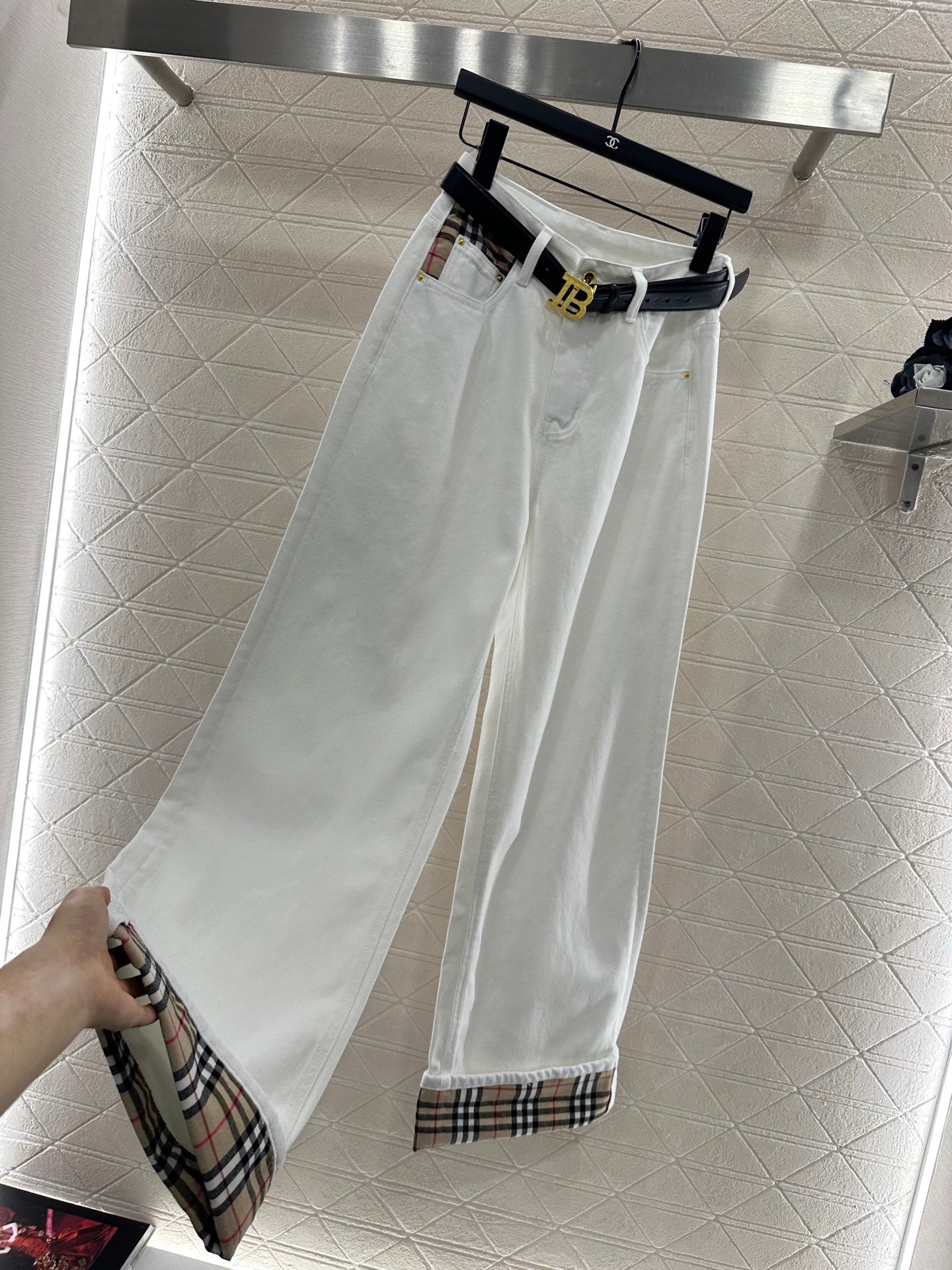 Bur 25 Plaid belt denim trousers