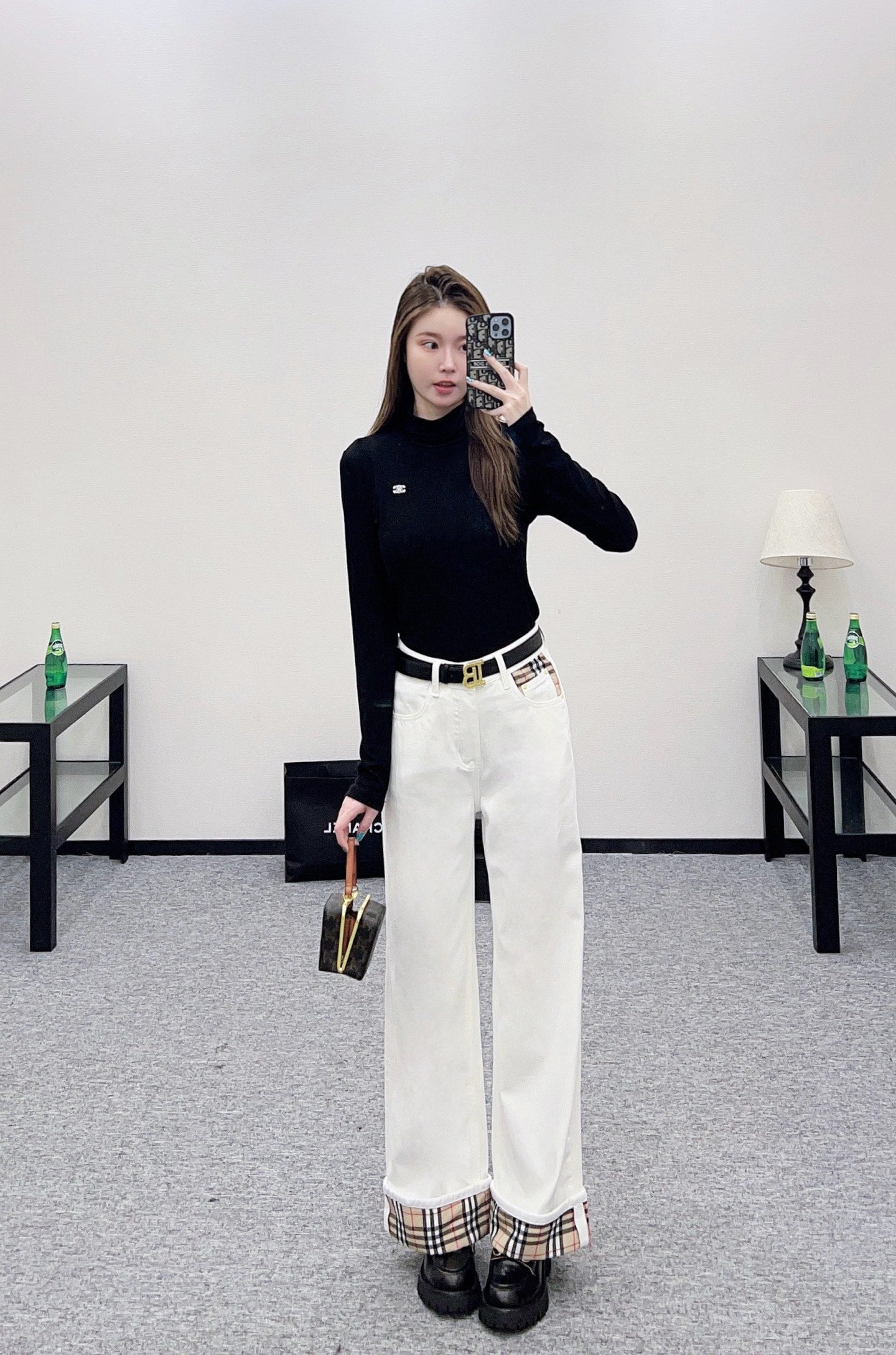 Bur 25 Plaid belt denim trousers