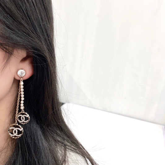 C 25 Tassel rhinestone round diamond double c earrings