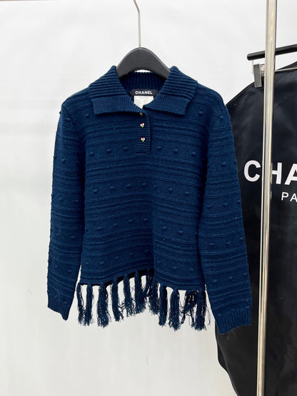 C 25 Vintage fringed cashmere sweater（WHITE/NAVY）