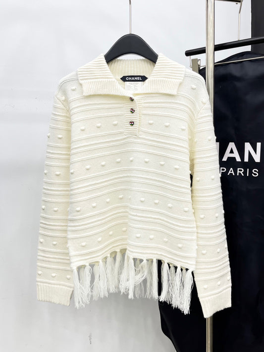 C 25 Vintage fringed cashmere sweater（WHITE/NAVY）