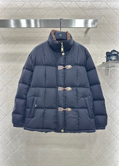 L 25 Stand collar leather button mid-length down jacket(WHITE/BLACK)
