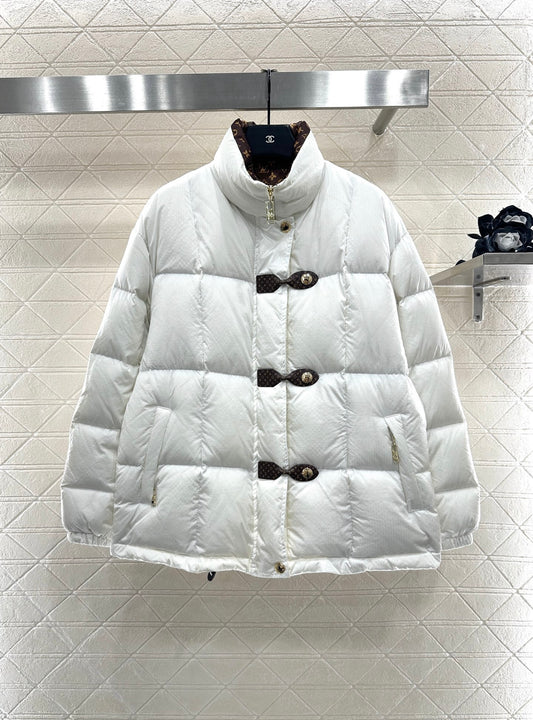 L 25 Stand collar leather button mid-length down jacket(WHITE/BLACK)
