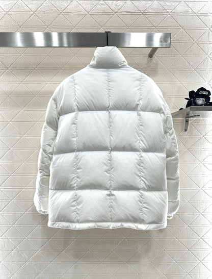 L 25 Stand collar leather button mid-length down jacket(WHITE/BLACK)